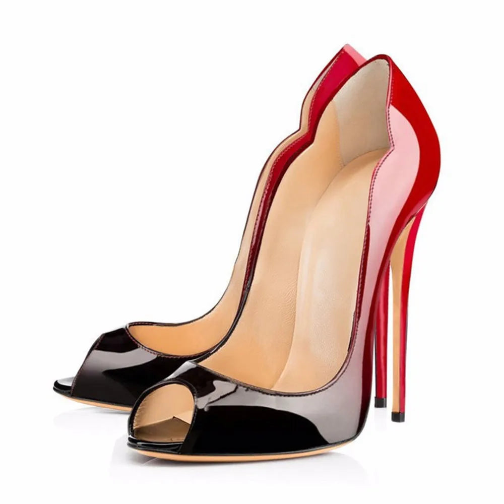 leopard print fish mouth patent leather high heels for women slim heels with pointed toes shallow mouth party shoes big size12cm