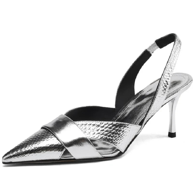 【JOCHEBED HU】Brand Genuine Leather Pointed Toe Slingback Kitten Heel Sandals Women Stiletto High Heels Summer Designer Party