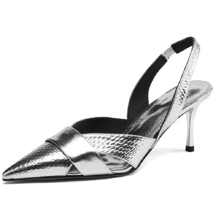 【JOCHEBED HU】Brand Genuine Leather Pointed Toe Slingback Kitten Heel Sandals Women Stiletto High Heels Summer Designer Party