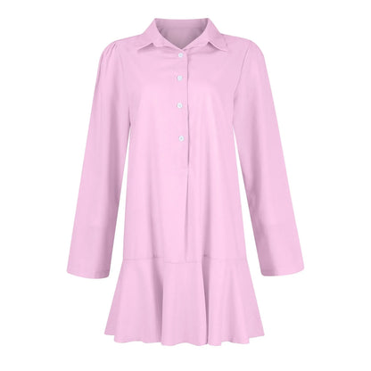 Women Loose Dresses Fashion Casual Half Open Shirt Hem Ruffle Classic Solid Dresses Daily Commute Date Simple Long Sleeve Dress