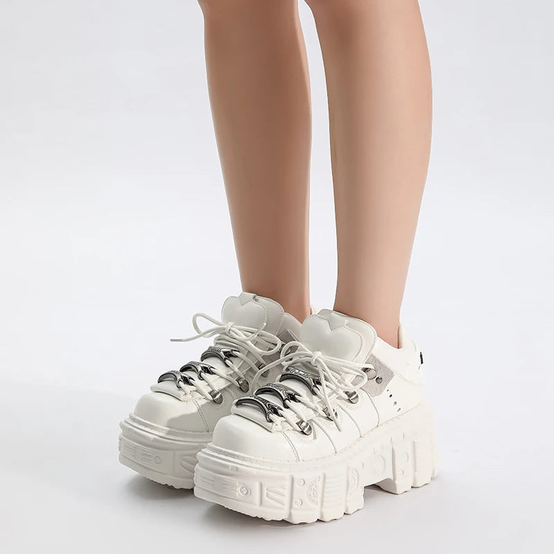 2026 Gothic Ankle Rock Boots Woman Sneakers New Punk Style Women Shoes Lace-up Heel Height Platform Shoes Woman Metal Decor