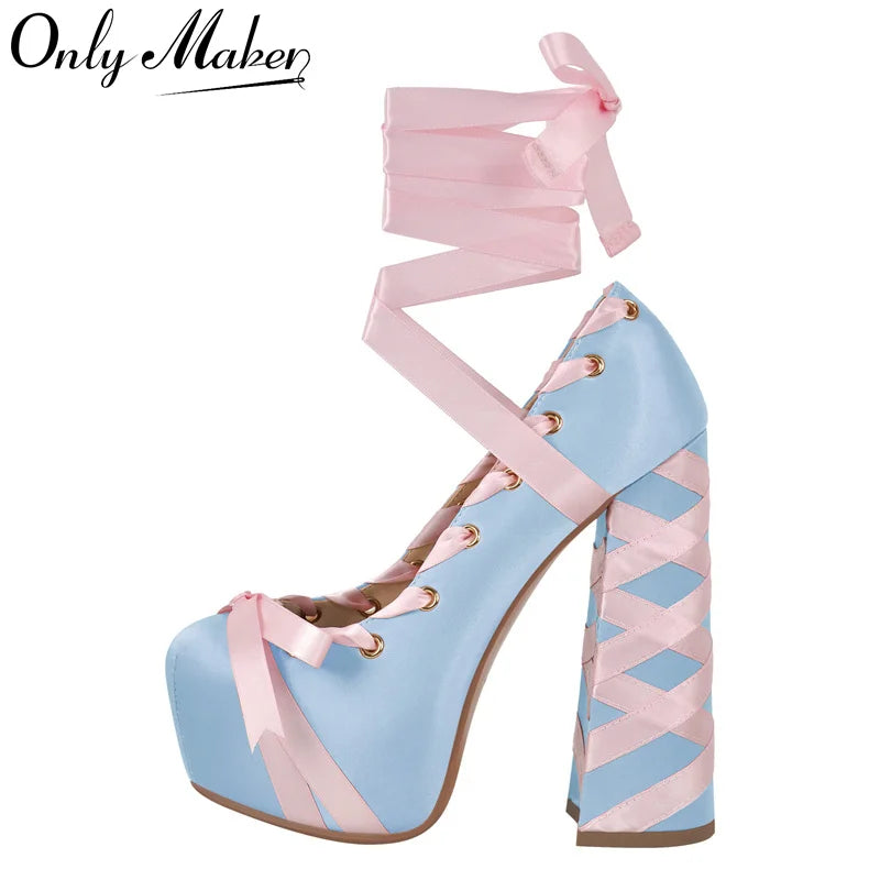 Onlymaker Womens Round Toe Platform Bow Ribbon Pumps Cute Lolita Ballet Lace-up Hoof Chunky Heel Pumps