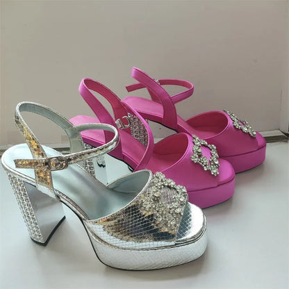 Square Headed Satin Banquet Sandals 2026 New Rhinestone Thick Heel High Heels 35-43 Leather Waterproof Platform Show Women Shoes