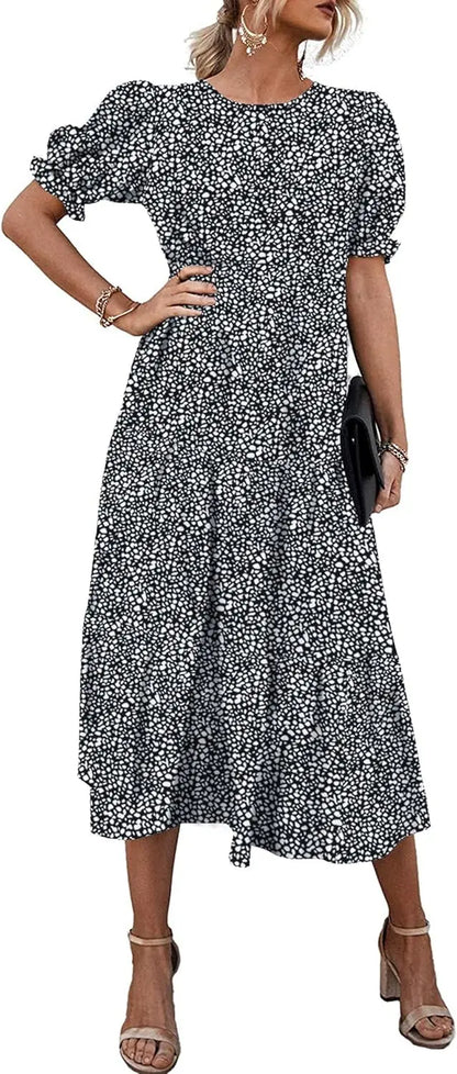 Summer Dresses for Women 2026 Casual Floral Boho Midi Sun DrPuff Short Sleeve Flowy Beach Vacation Sundress