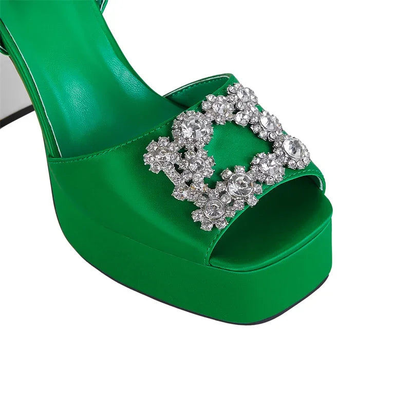 Square Headed Satin Banquet Sandals 2026 New Rhinestone Thick Heel High Heels 35-43 Leather Waterproof Platform Show Women Shoes