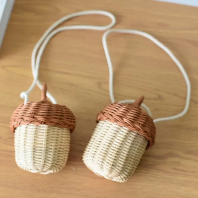 Creative Acorn Shaped Diagonal Cross Bag Storage Basket Hand Woven Circular Rattan Bag Beach Style Woven Shoulder Bag Photo Prop