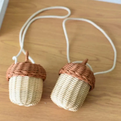 Creative Acorn Shaped Diagonal Cross Bag Storage Basket Hand Woven Circular Rattan Bag Beach Style Woven Shoulder Bag Photo Prop