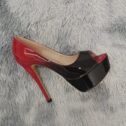 Women Stilettos Sexy Pumps 14cm Extremely Platform Peep Toe High Heels Patent Leather Party Nighclub Dress Red Wedding Shoes