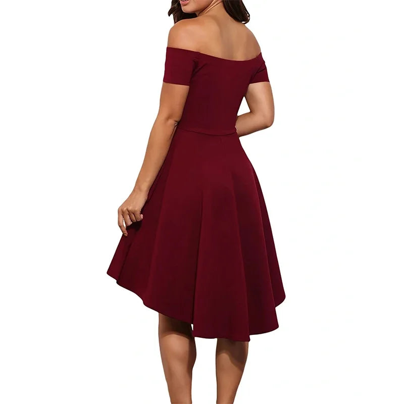 Off-Shoulder Elegance Women’s Asymmetrical Midi Dress - Solid Slim-Fit Season-Versatile Comfort Stretch