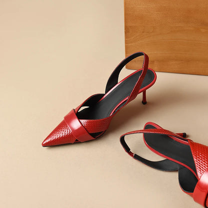 【JOCHEBED HU】Brand Genuine Leather Pointed Toe Slingback Kitten Heel Sandals Women Stiletto High Heels Summer Designer Party
