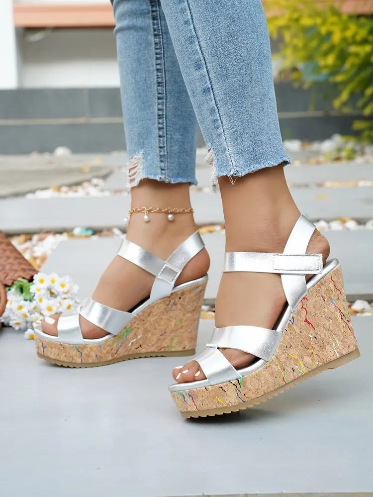 Women's Silver Chunky Platform Sandals 2026 Summer Cork Thick Sole Wedge Sandals Woman Plus Size 43 Pu Leather Casual Shoes