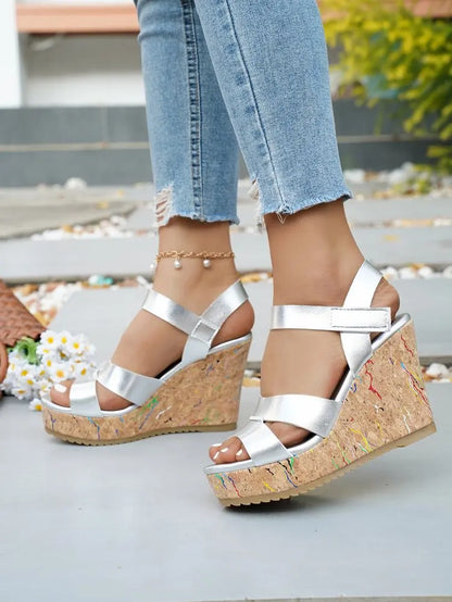 Women's Silver Chunky Platform Sandals 2026 Summer Cork Thick Sole Wedge Sandals Woman Plus Size 43 Pu Leather Casual Shoes