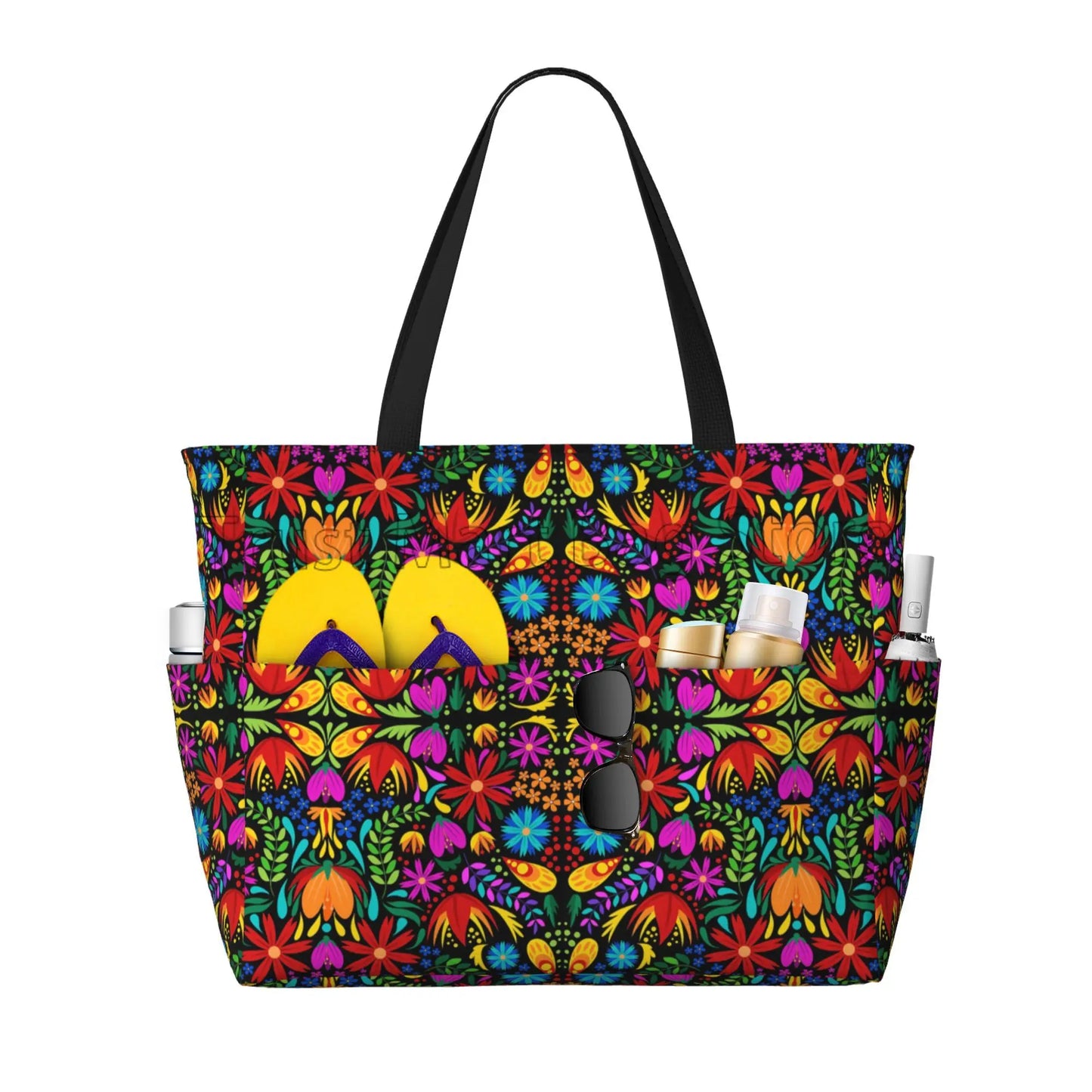 Mexican Flower Waterproof  Beach Tote Pool Bags for Women Ladies Extra Large Gym Tote Carry on Bag for Weekender Travel Swim