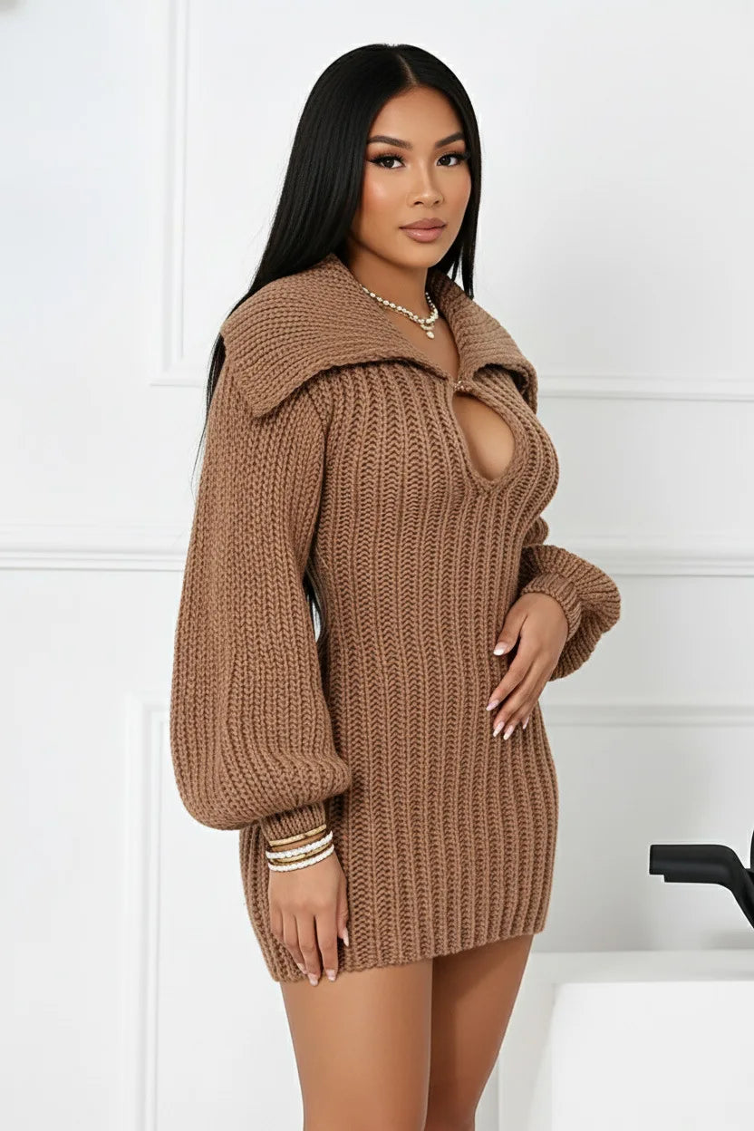 2025 New High Collar Elegant Commuter Big Collar Slim Fit Elastic Lantern Sleeve Woolen Dress
