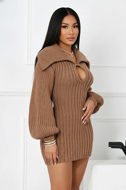 2025 New High Collar Elegant Commuter Big Collar Slim Fit Elastic Lantern Sleeve Woolen Dress
