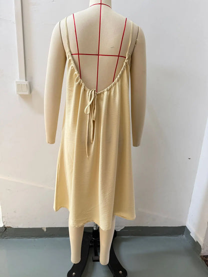 Summer Women Spaghetti Strap Dress Solid Color Loose Casual Midi Dress Sleeveless A-Line Beach Sundress