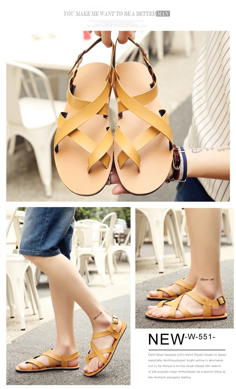 New Summer Men Sandals Leather Vintage Flat Heel Solid Buckle Beach Gladiator Sandals Shoes Breathable Men Flip Flops Sandals