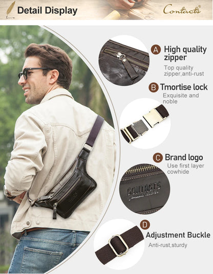CONTACT'S Genuine Leather Waist Bags for Men Customize Waist Packs Crossbody Bag Phone Pocket Name Engraving Male Travel Bags