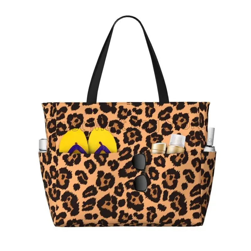 Leopard Print Large Waterproof Beach Bag for Women Sandproof Tote Bag Pool Bag with Zipper and Pockets for Travel Vacation Gym