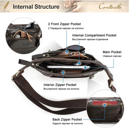 CONTACT'S Genuine Leather Waist Bags for Men Customize Waist Packs Crossbody Bag Phone Pocket Name Engraving Male Travel Bags