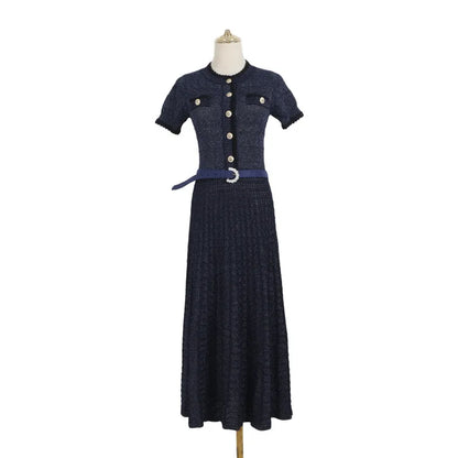 ZJYT Summer New 2026 Fashion Women's Knitted Dress Sweaters Elegant Short Sleeve Mid Calf Casual Holiday Dresses Female Vestido