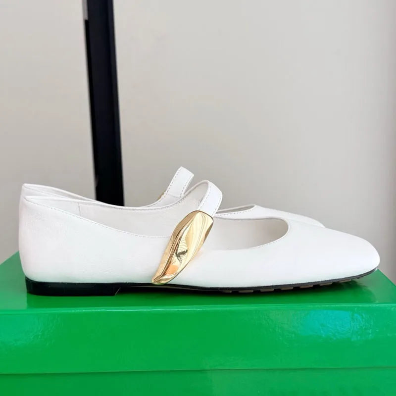 High Quality Women's Soft-soled Mary Jane Square Toe Versatile Commuter Metallic Decor One Strap Genuine Leather Flat Shoes