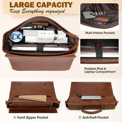 Mens Messenger Bag 17 Inch Waterproof Vintage Leather Laptop Briefcase Large Laptop Bag Satchel Bag Computer Shoulder Bag for Of