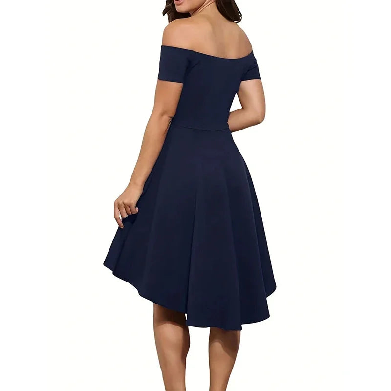 Off-Shoulder Elegance Women’s Asymmetrical Midi Dress - Solid Slim-Fit Season-Versatile Comfort Stretch