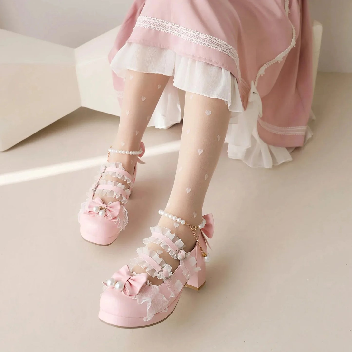 Cross Strap Women High Heels Mary Jane Pumps Party Wedding Cosplay White Pink Black Strawberry Bow Princess 2025 Lolita Shoes