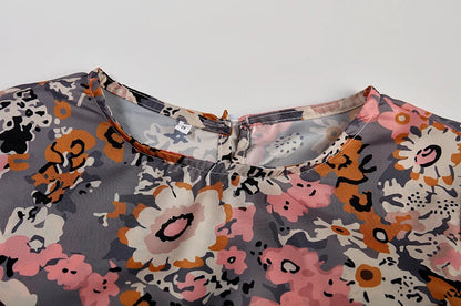 Women's Spring/Summer round Neck Pullover Dress with Pockets Middle Sleeve Loose Casual Print Midi Length