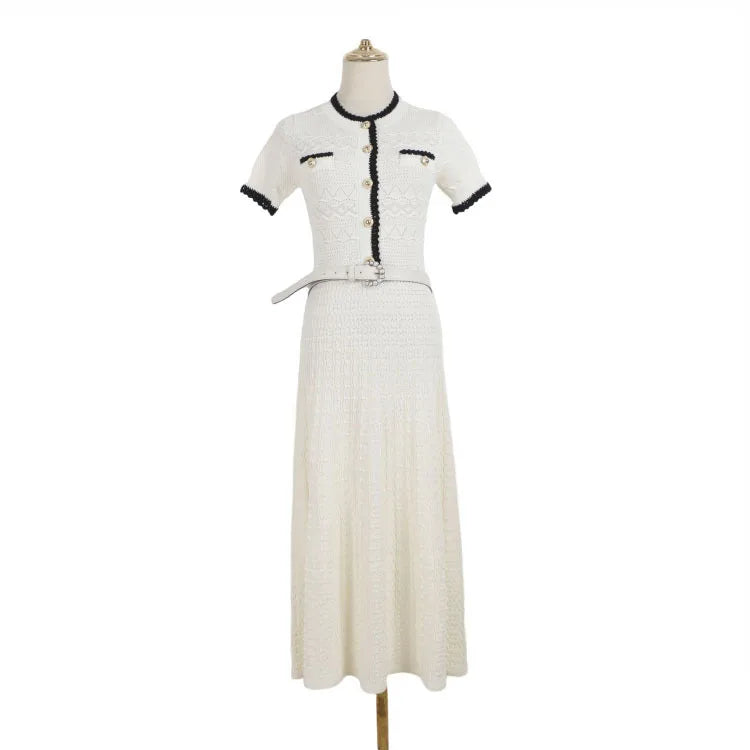 ZJYT Summer New 2026 Fashion Women's Knitted Dress Sweaters Elegant Short Sleeve Mid Calf Casual Holiday Dresses Female Vestido