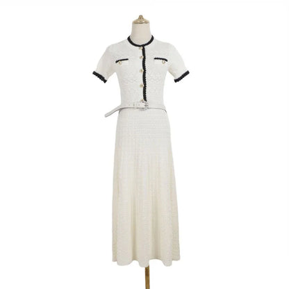 ZJYT Summer New 2026 Fashion Women's Knitted Dress Sweaters Elegant Short Sleeve Mid Calf Casual Holiday Dresses Female Vestido