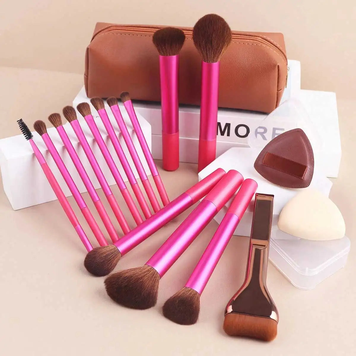 17pcs Professional Soft Long Aluminum Makeup Brush Set, Including Foundation Brush, Eyeshadow Brush, Eyebrow Brush, Blending