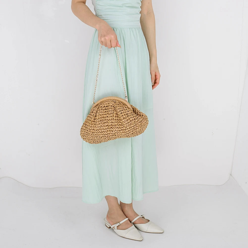 Women Straw Woven Bag Chain Strap Fashion Shoulder Bag Large Capacity Weaving Satchel Bag Solid Color for Party Vacation
