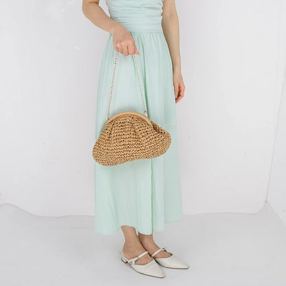 Women Straw Woven Bag Chain Strap Fashion Shoulder Bag Large Capacity Weaving Satchel Bag Solid Color for Party Vacation
