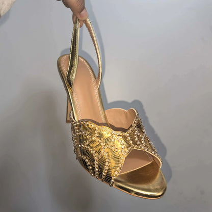 2026 New Gold Pineapple Sexy Rhinestone Fine High Heel Sandals Women's Outdoor Wear Glamorous Lady Executive Plus Size Slippers
