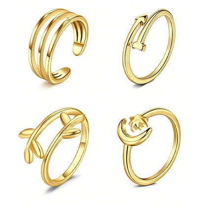 4pcs Stainless Steel Toe Ring Pack Set Hollow Love Flower Leaves Spot Drill Moon Multi-Style Size Adjustable Summer Beach Must