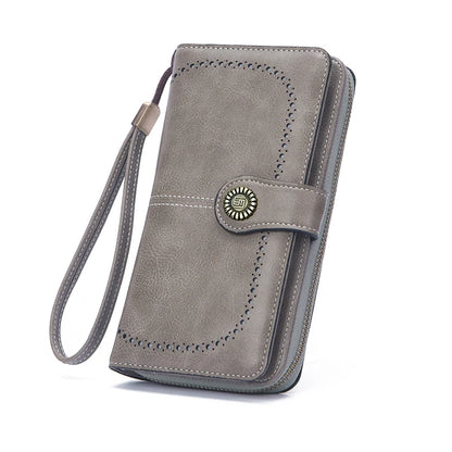Vintage Large Capacity Women's Purse, Monochromatic, Multi-card, Long Wallet, Multi-function Zipper Strap, Wrist Strap, New