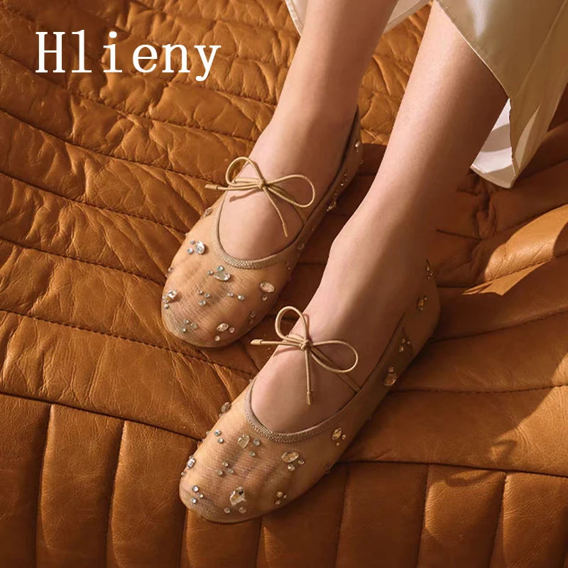 Hlieny Fashion Lace Up Mary Jane Shoes Women Elegant Ballet Flats Crystal Rhinestone Mesh Round Toe Loafers Ladies Mules Sandals