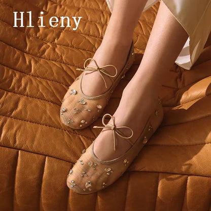 Hlieny Fashion Lace Up Mary Jane Shoes Women Elegant Ballet Flats Crystal Rhinestone Mesh Round Toe Loafers Ladies Mules Sandals