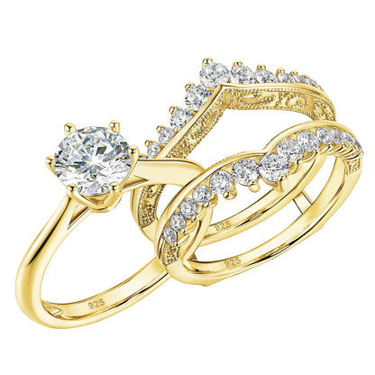 Newshe 14k Yellow Gold Plated Bridal Ring Set for Women 2Ct Round Cut AAAAA Zircon Wedding Engagement Anniversary Band BR1167_Y