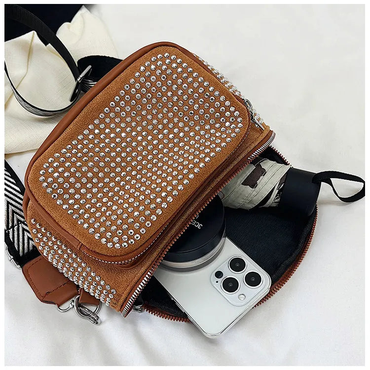 Fashion Shiny Women crossbody bags PU leather Wide strap Female Shoulder bags Ladies Waist Pack and Purses Saddle Chest Bags