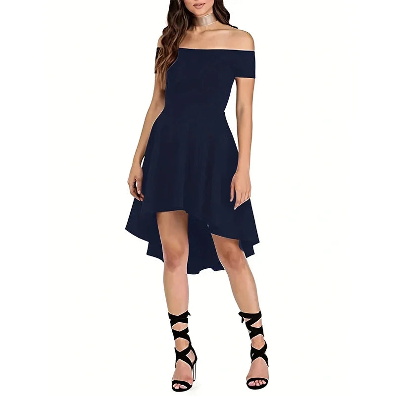 Off-Shoulder Elegance Women’s Asymmetrical Midi Dress - Solid Slim-Fit Season-Versatile Comfort Stretch