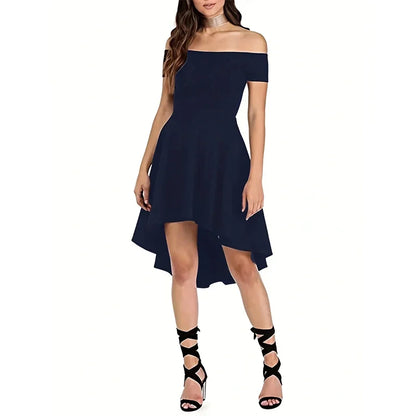 Off-Shoulder Elegance Women’s Asymmetrical Midi Dress - Solid Slim-Fit Season-Versatile Comfort Stretch