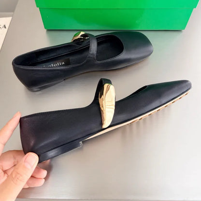 High Quality Women's Soft-soled Mary Jane Square Toe Versatile Commuter Metallic Decor One Strap Genuine Leather Flat Shoes