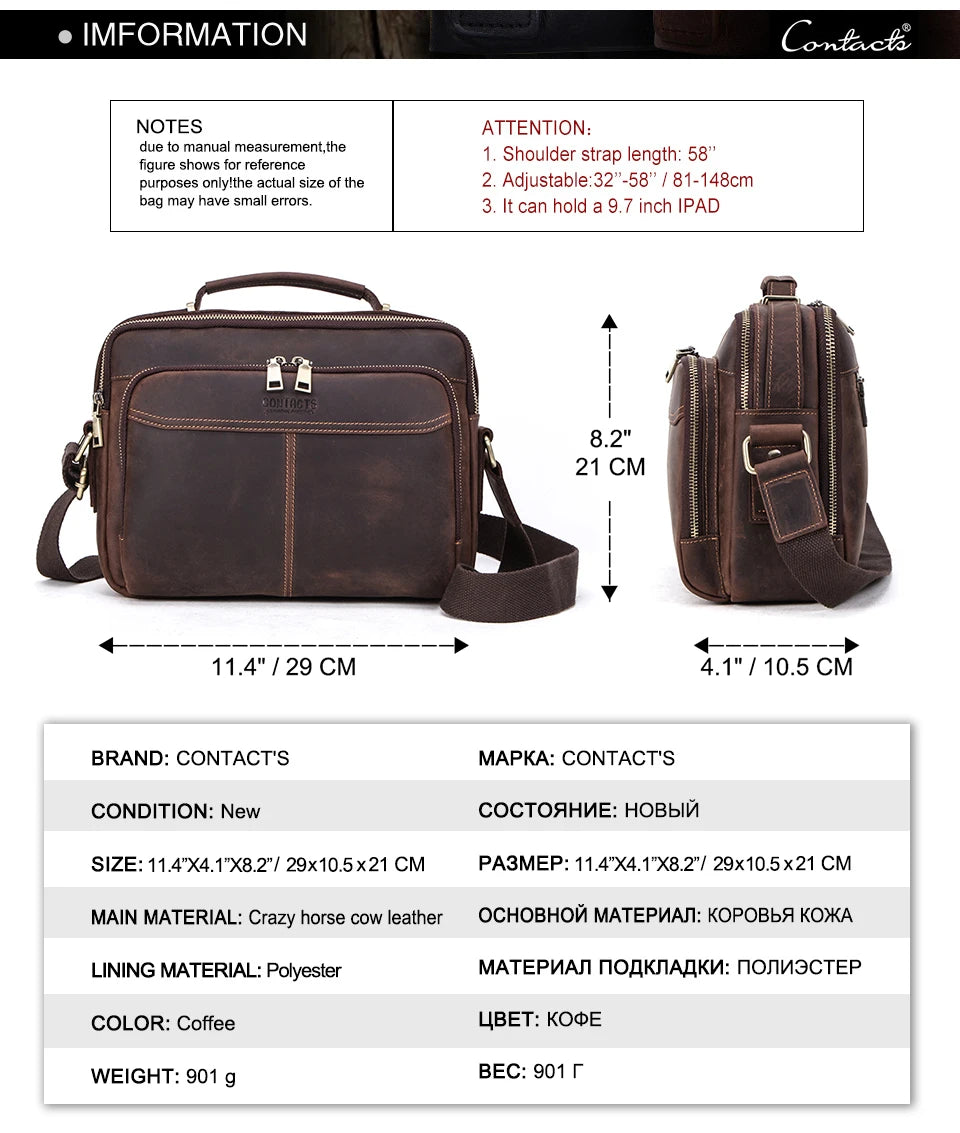 CONTACT'S Crazy Horse Leather Men Messenger Bag Vintage Man Crossbody Bag Handbags Large Capacity Male Shoulder Bags Bolsos