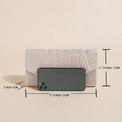 Champagne Pleated Envelope Clutch, Elegant Evening Crossbody Bag with Gold Chain Strap Detachable, for Wedding Formal Events