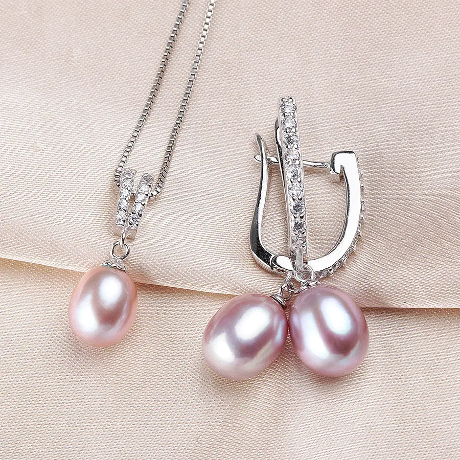 YWYC Horseshoe 8-9mm Rice Freshwater Pearl Earrings&Necklaces Jewelry Set for Women 925 Sterling Silver 45cm Pendant Necklace
