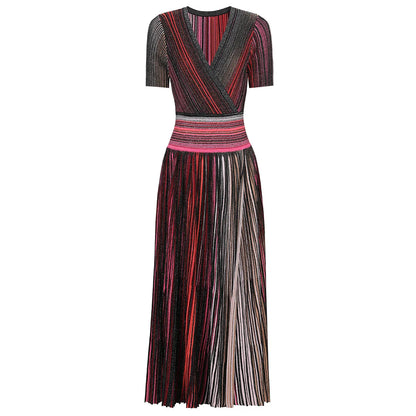 ZJYT Europe Fashion Summer Striped Pleated Knitted Dresses for Women Elegant V Neck Short Sleeve Midi Vintage Holiday Dress 2026