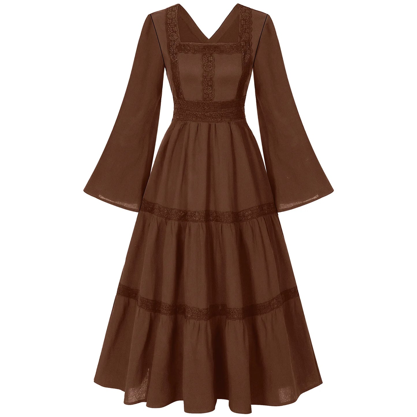 2025 New Beige Halloween/Christmas Square Neck Lace Trim Bell Sleeve Dress for Women, Halloween/Christmas COS Costumes Long Sirt